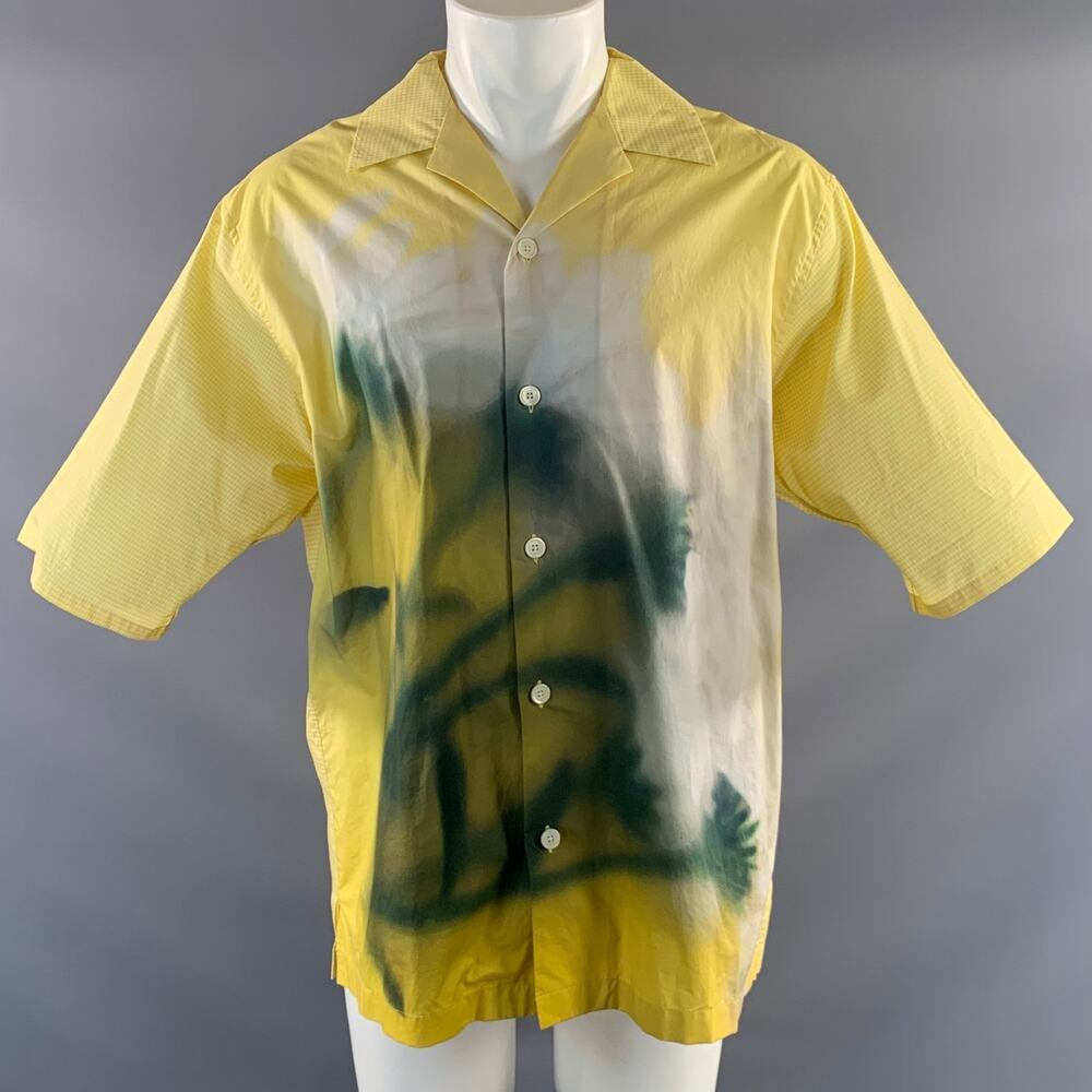 KENZO Size M Yellow Green Abstract Cotton Button Up Short Sleeve Shirt